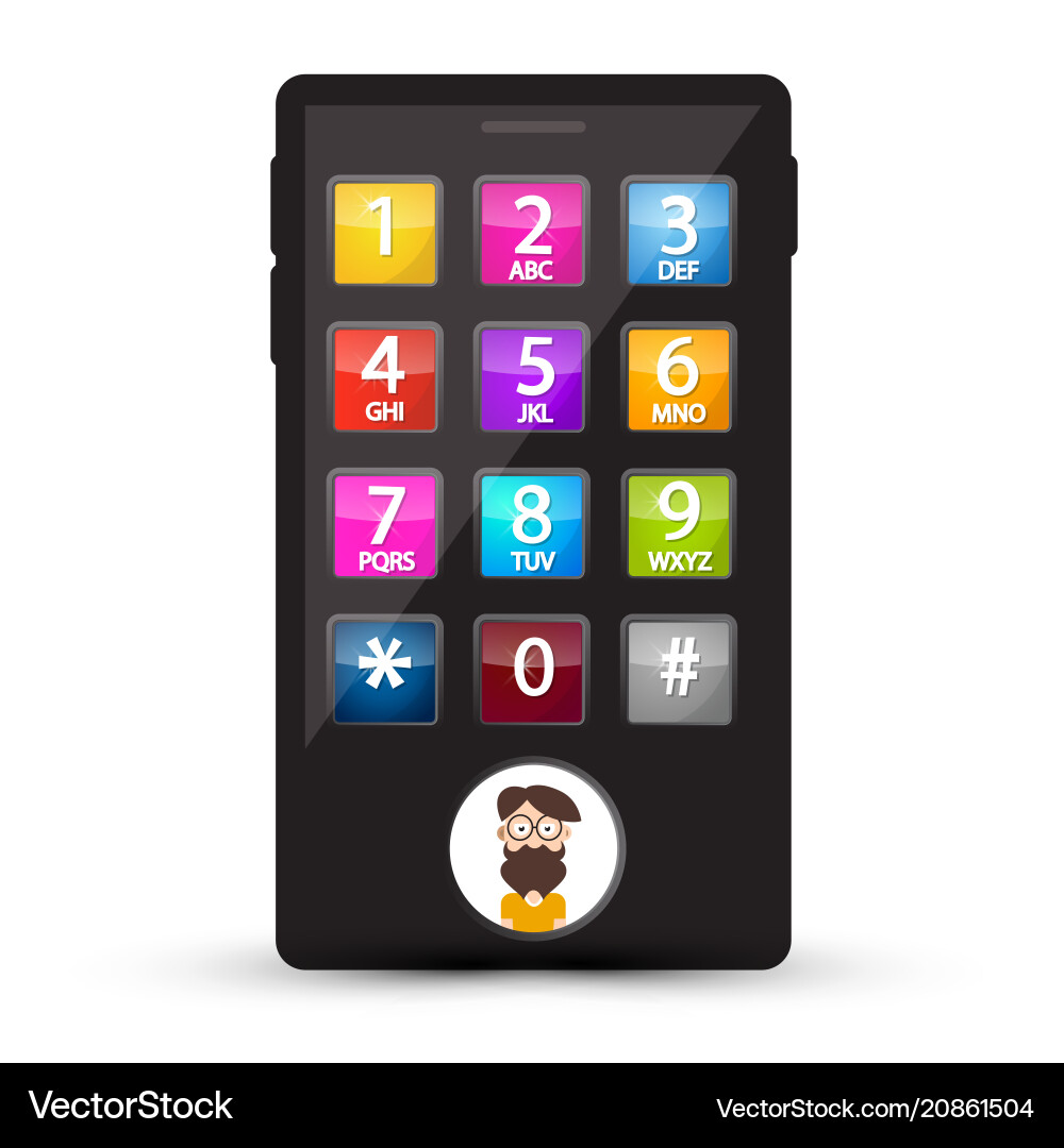 Cell phone with numbers and man avatar on screen Vector Image
