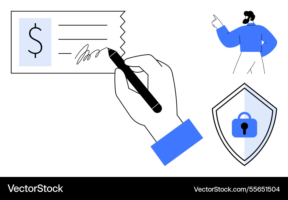 Hand signing check with security shield vector image