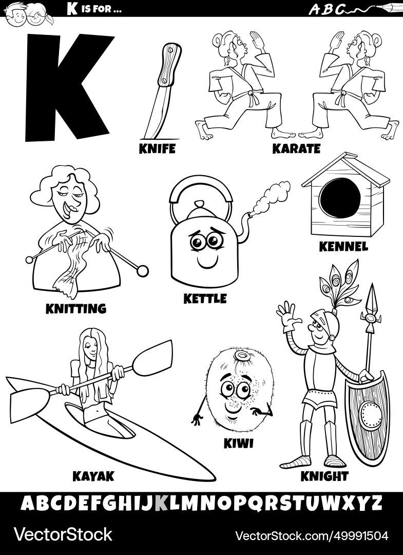 Letter k set with cartoon objects and characters Letter k set with cartoon objects and characters Vector Image