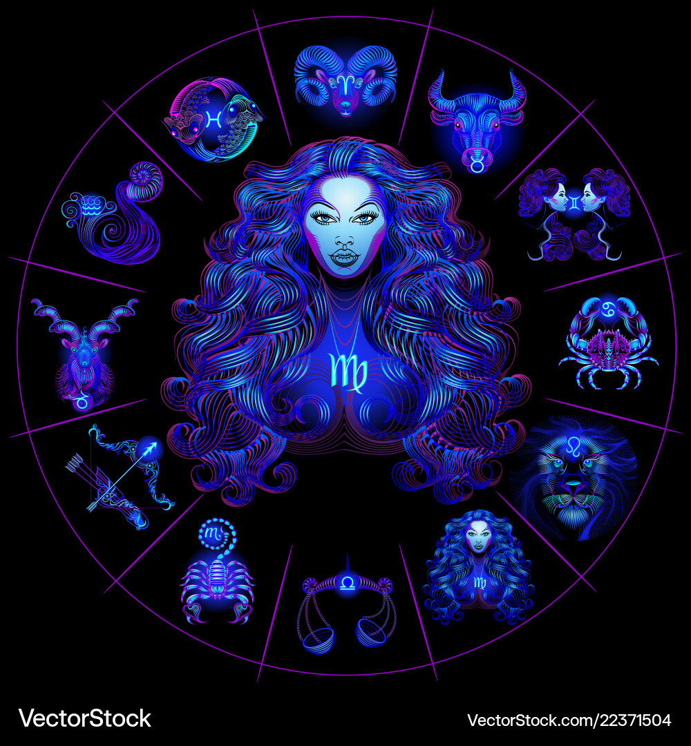 Neon horoscope circle with signs of zodiac set Neon horoscope circle with signs of zodiac set vector image