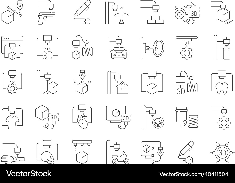 Set of linear icons 3d printing Set of linear icons 3d printing vector image