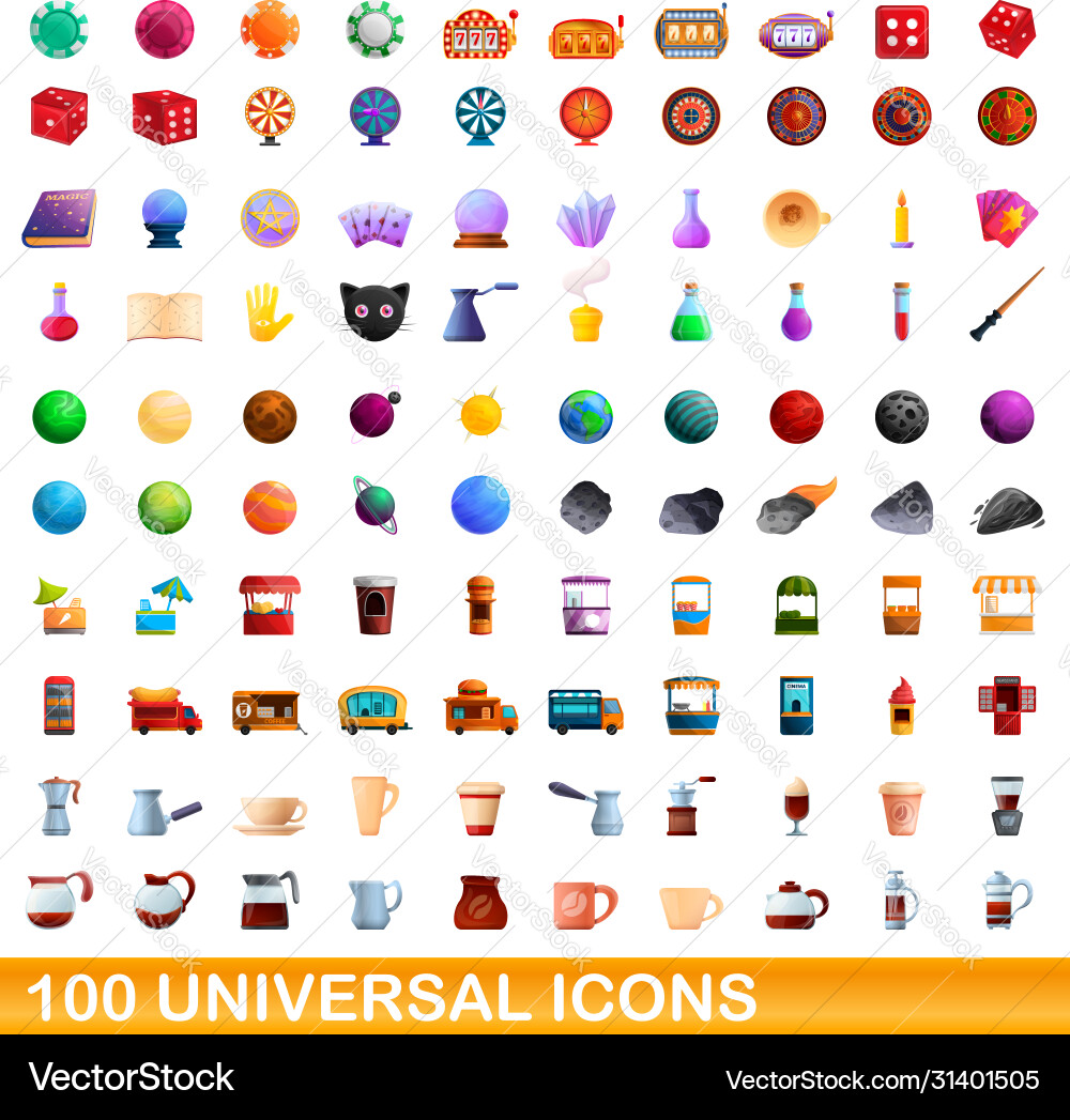 100 Universal Icons Set Cartoon Stil 100 Universal Icons Set Cartoon Stil vektorbild