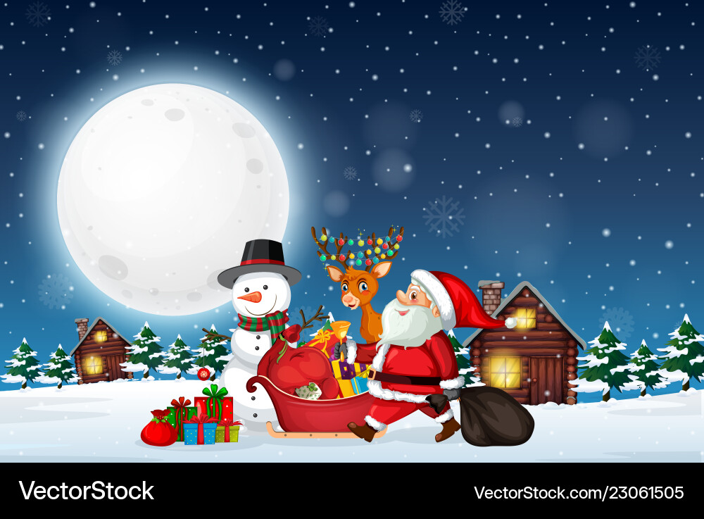 Santa Delivering Gifts at Night Vector Image