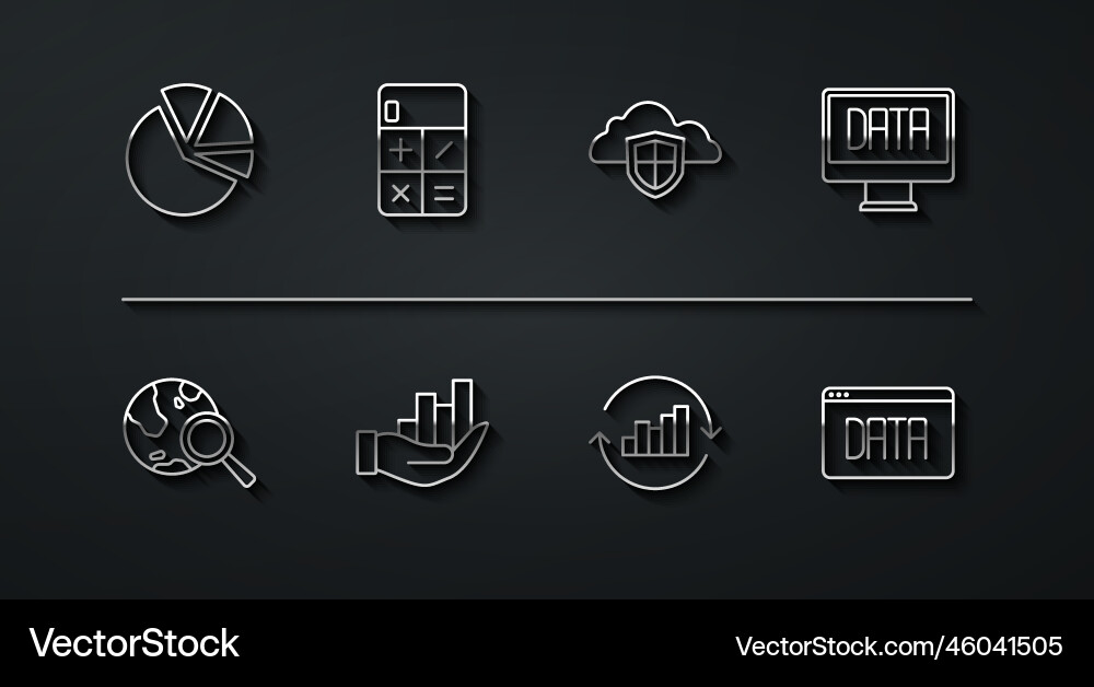 Set line pie chart infographic search globe data Set line pie chart infographic search globe data Vector Image