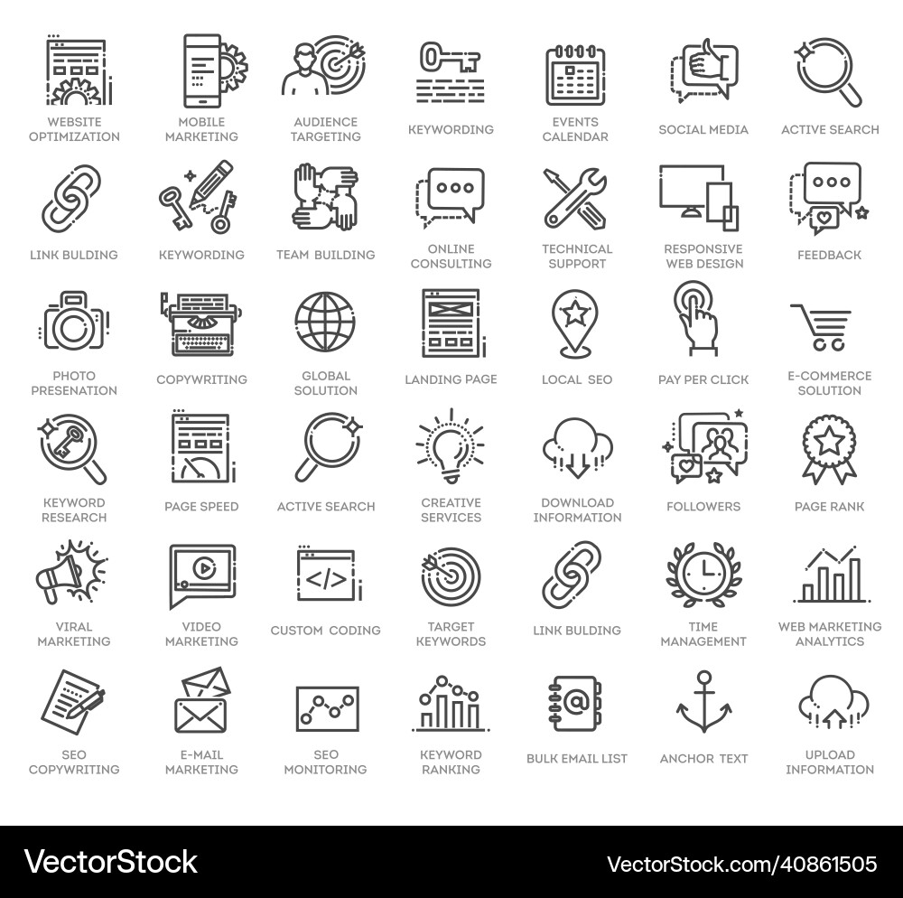 Set von Seo- und Entwicklungssymbolen Vektorbild