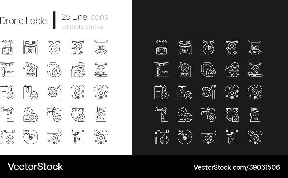 Drone usage linear manual label icons set Drone usage linear manual label icons set vector image