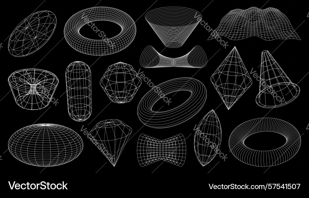 3d wireframe shapes brutal tech grids retro mesh 3d wireframe shapes brutal tech grids retro mesh vector image