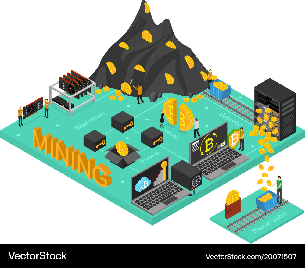 Bitcoin mining concept 3d isometric view vector image