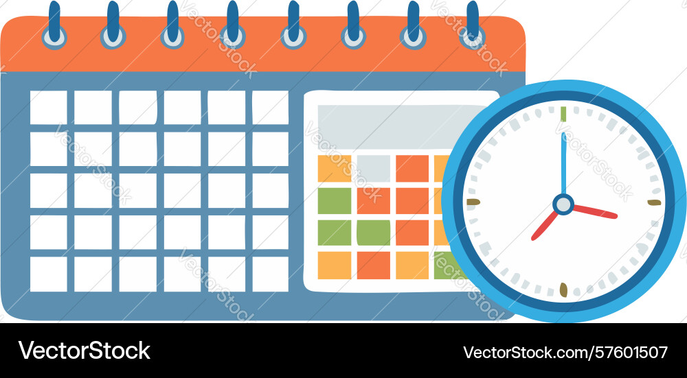 Detailed scheduling calendar with clock and pen vector image
