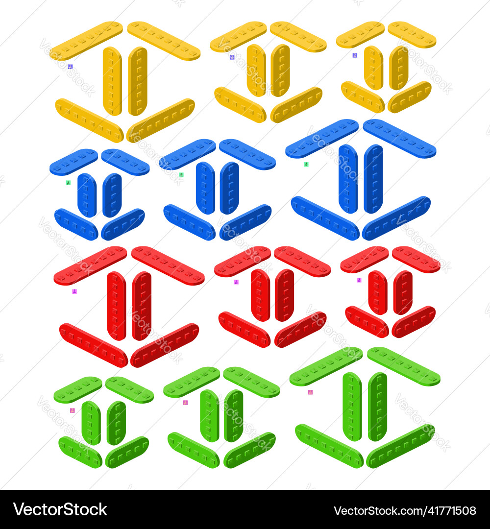 Set of colored constructor kit in isometry 3d Set of colored constructor kit in isometry 3d vector image