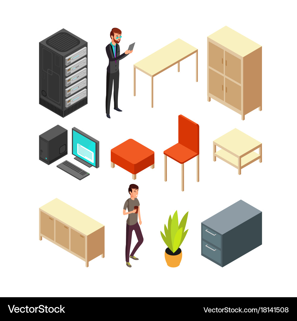 Set of office isometric icons server rack table Vector Image