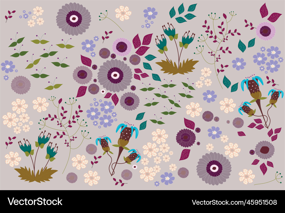 Spring pattern with different flowers and leaves Spring pattern with different flowers and leaves Vector Image