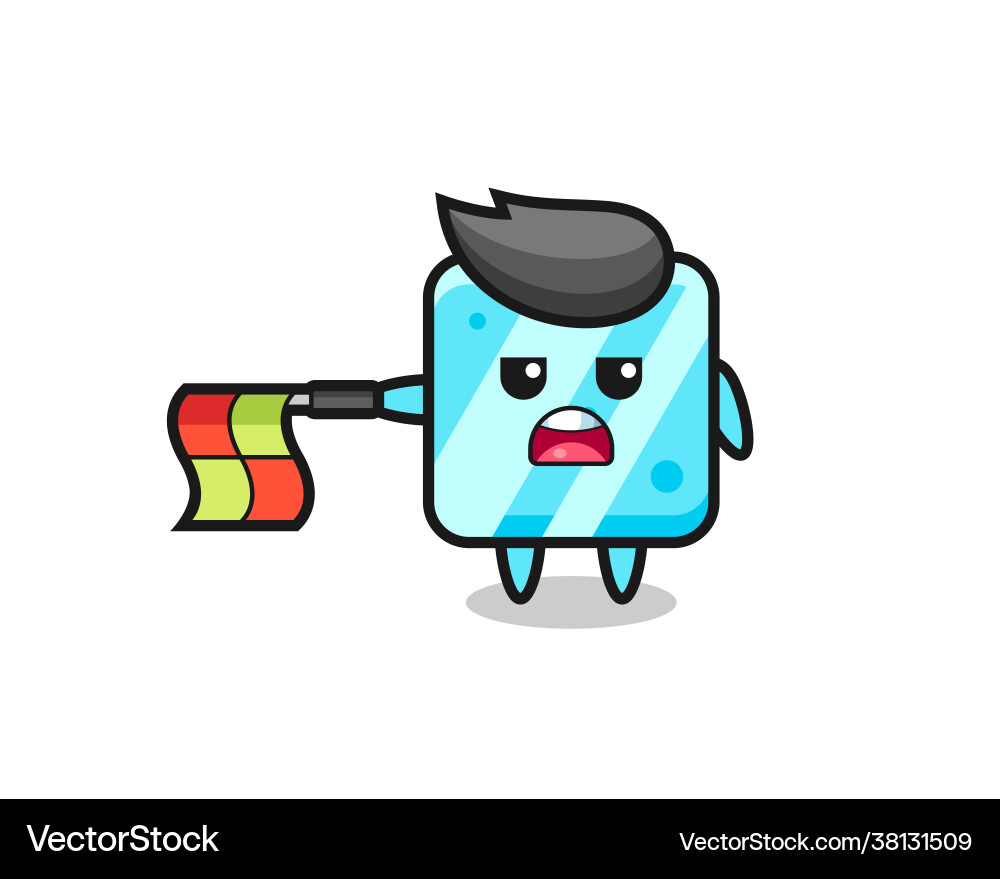 Ice cube character as line judge hold flag vector image