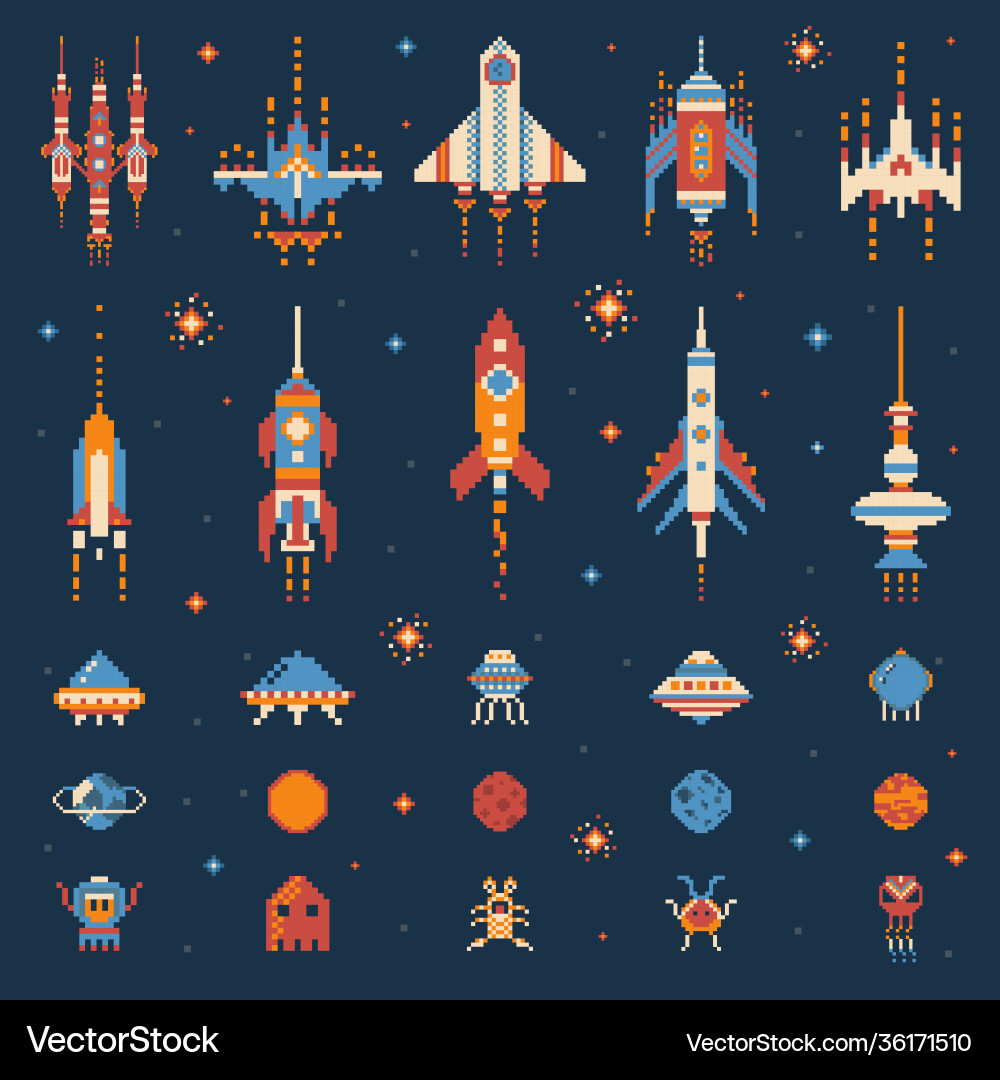 8-Bit Space Invaders Game Set vector image