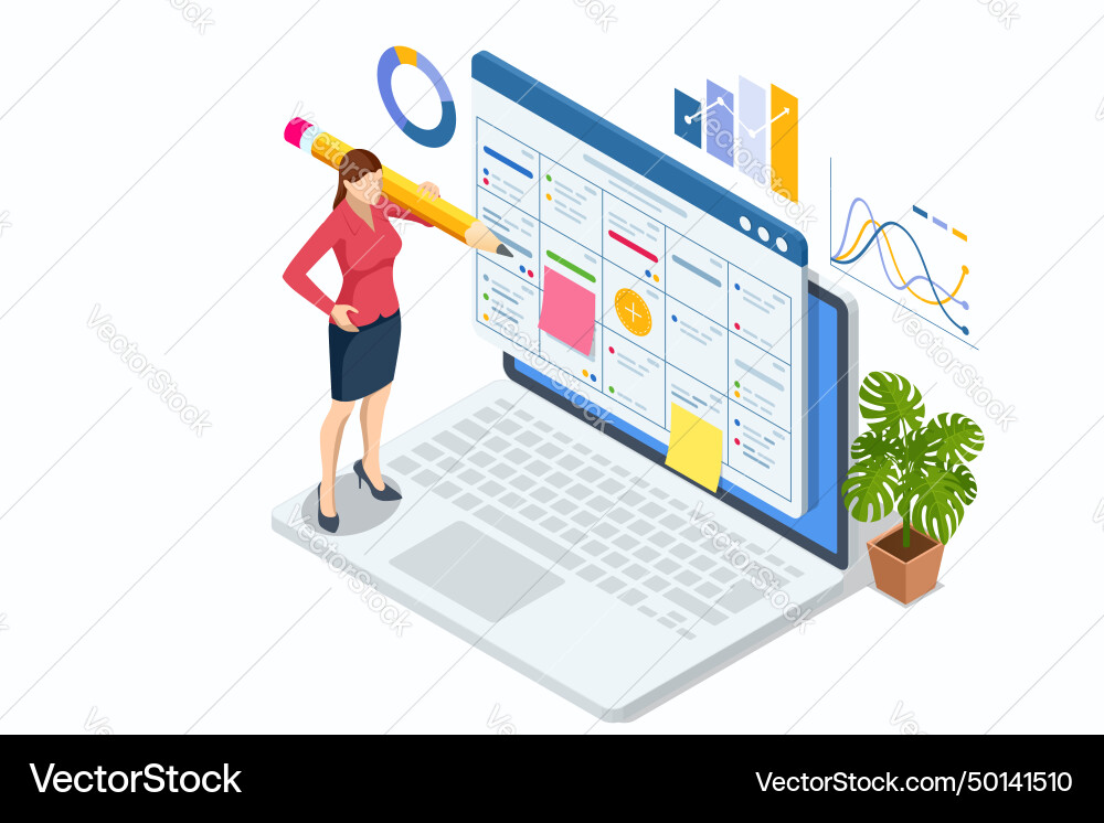 Isometric project manager updating tasks Isometric project manager updating tasks vector image
