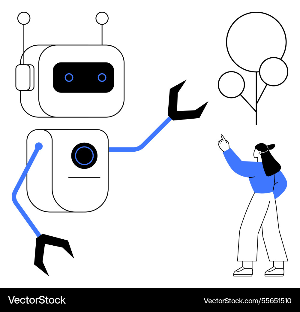 Robot interacting with a person while pointing Robot interacting with a person while pointing vector image