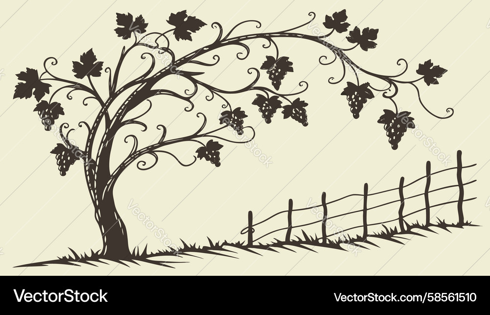 Rustic Tree with Fence Vector Image