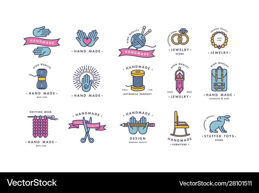 Handmade colorful line logos set linear Handmade colorful line logos set linear vector image