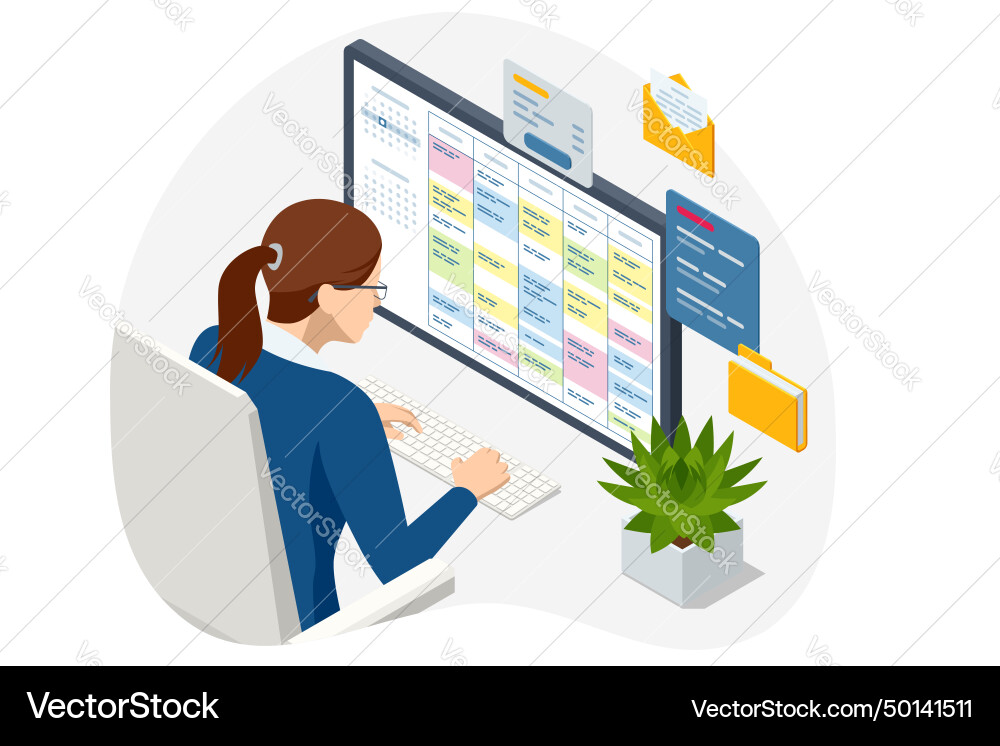 Isometric project manager updating tasks Isometric project manager updating tasks vector image