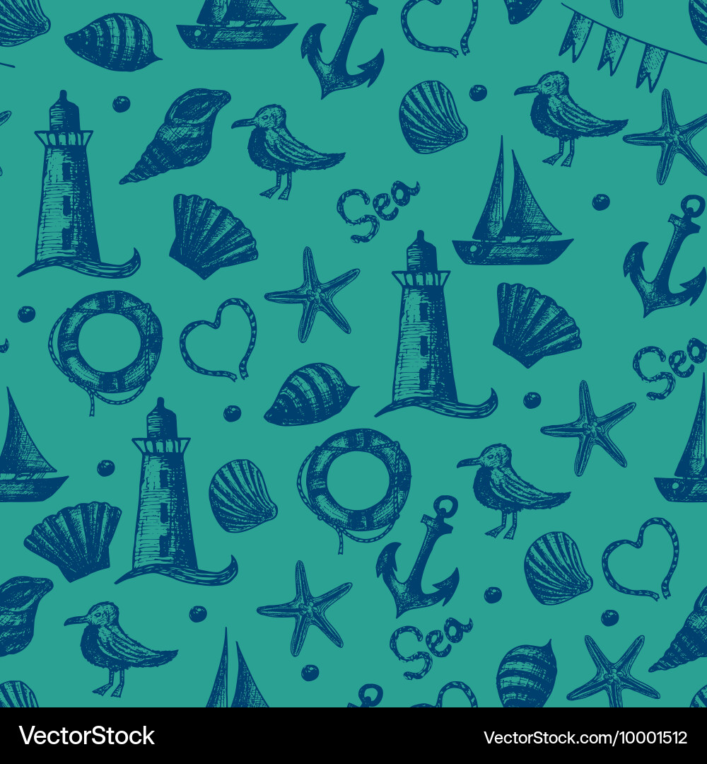 Seamless pattern hand drawn sea themed objects vector image