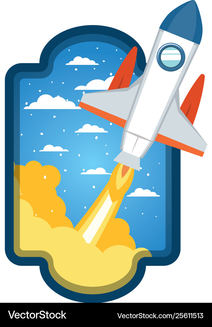 Frame with rocket taking off in clouds background vector image