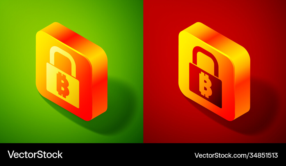 Isometric lock with bitcoin icon isolated on green Isometric lock with bitcoin icon isolated on green vector image