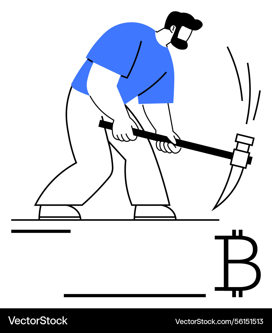 Man mining bitcoin with pickaxe representing Man mining bitcoin with pickaxe representing vector image