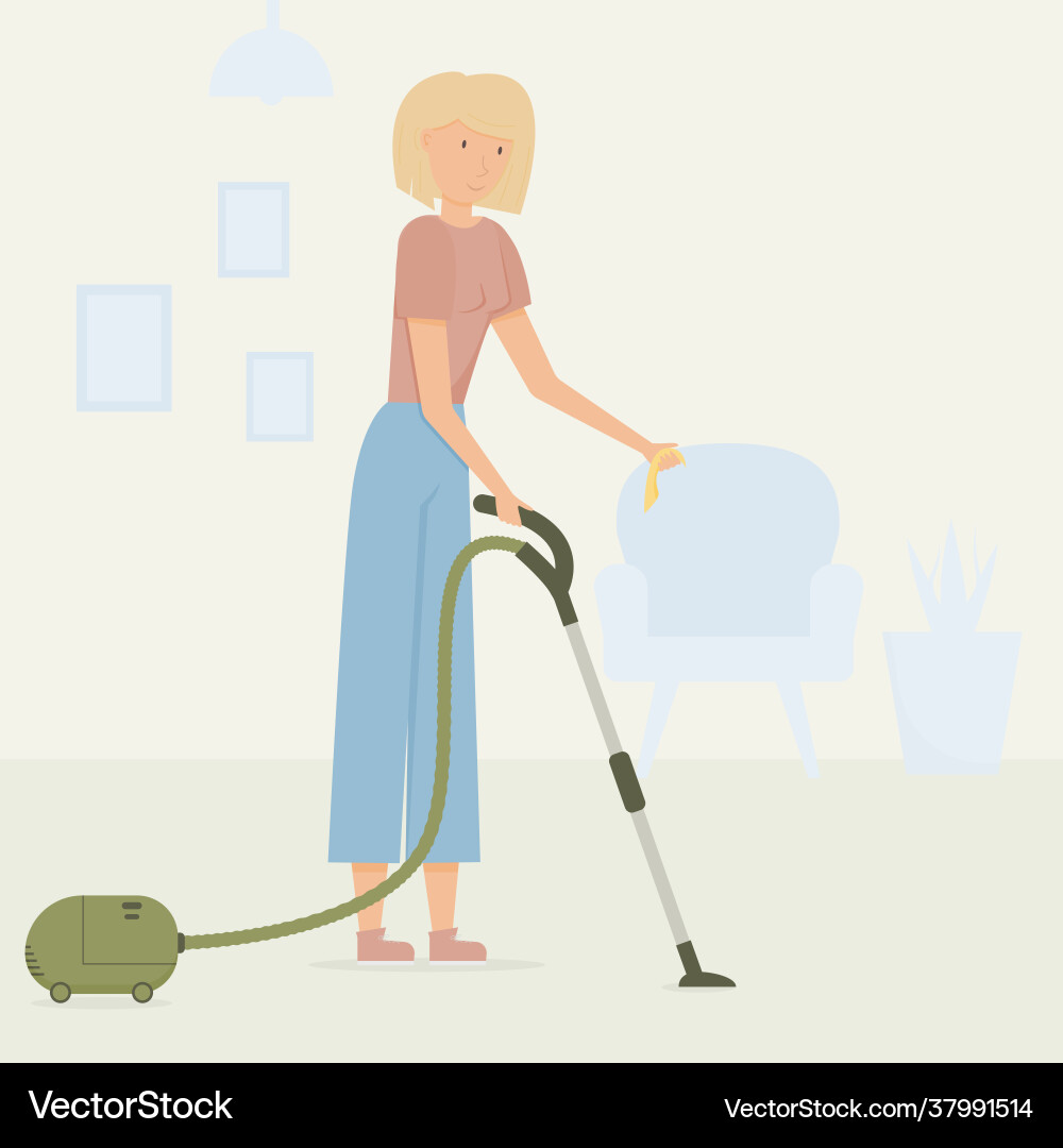 Ein junges blondes Mädchen mit Staubsauger Ein junges blondes Mädchen mit Staubsauger vektorbild