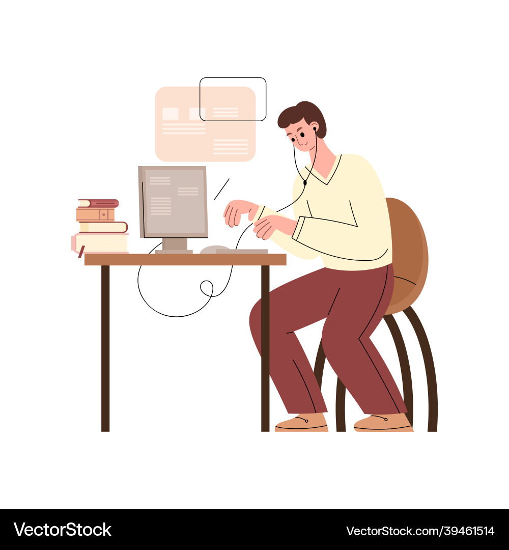 Man listens to lecture in virtual classroom flat Man listens to lecture in virtual classroom flat Vector Image