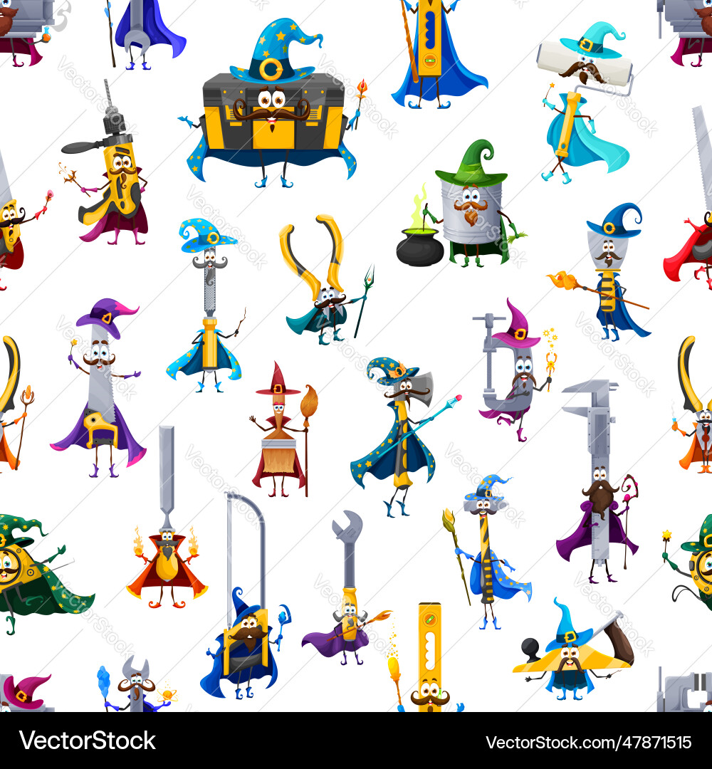 Cartoon tools wizard characters seamless pattern Cartoon tools wizard characters seamless pattern vector image