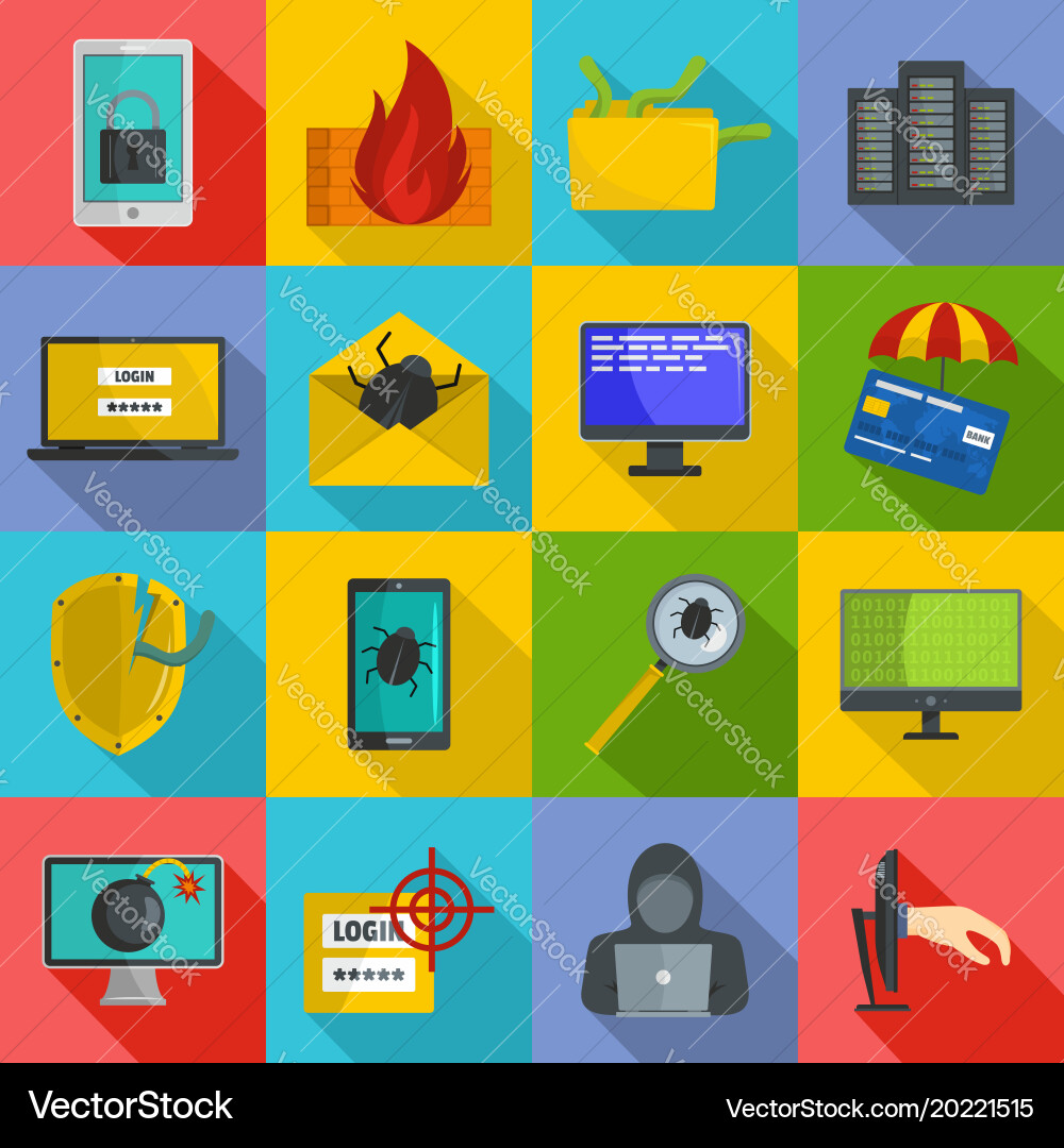 Cyber attack computer virus icons set flat style vector image