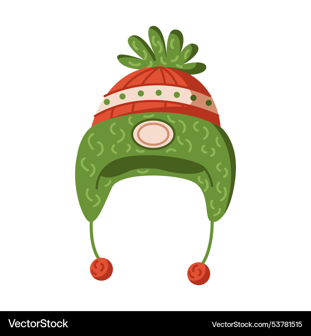 Knitted hat with pompom and strings flat Knitted hat with pompom and strings flat vector image