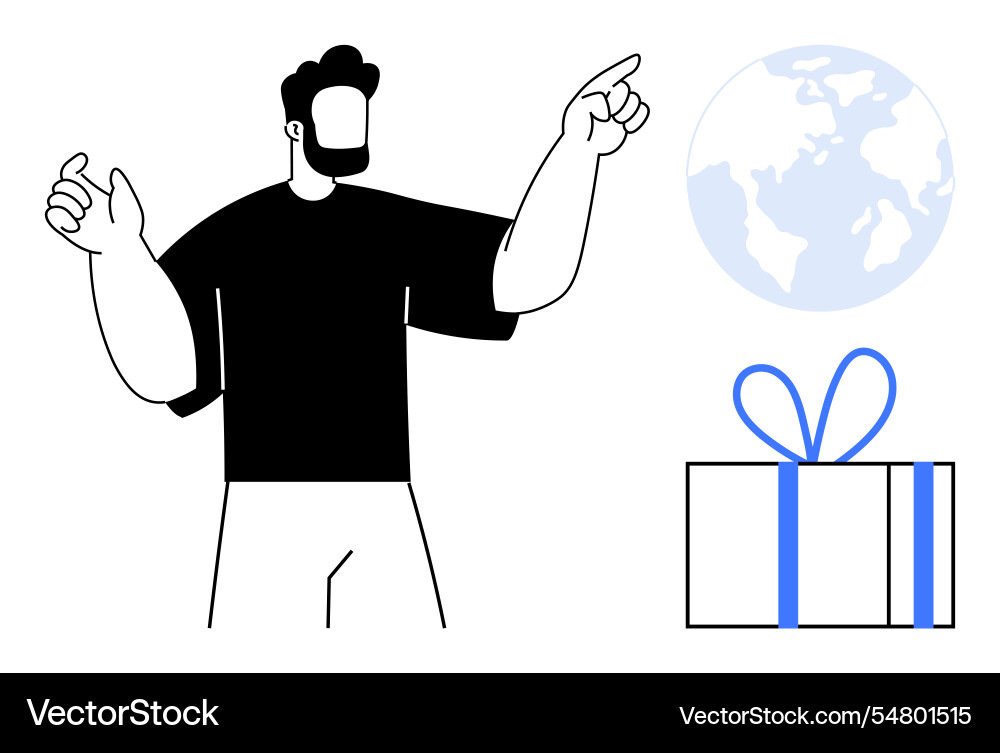 Man pointing with gift box and globe Man pointing with gift box and globe Vector Image