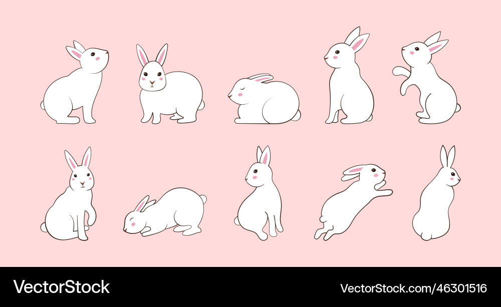 Doodle spring rabbit running sitting and lying Vector Image