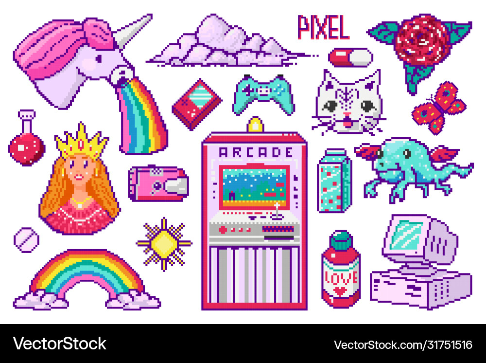 Pixel art 8 bit objects retro digital game assets vector image