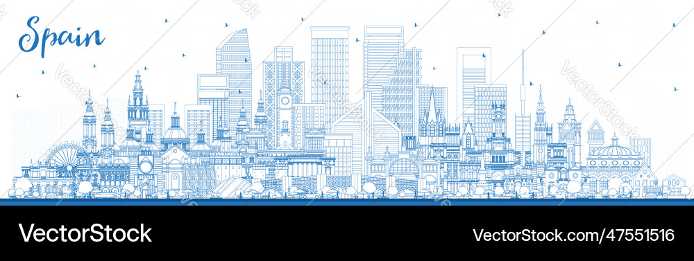 Spain City Skyline - Blue Buildings Vector Image