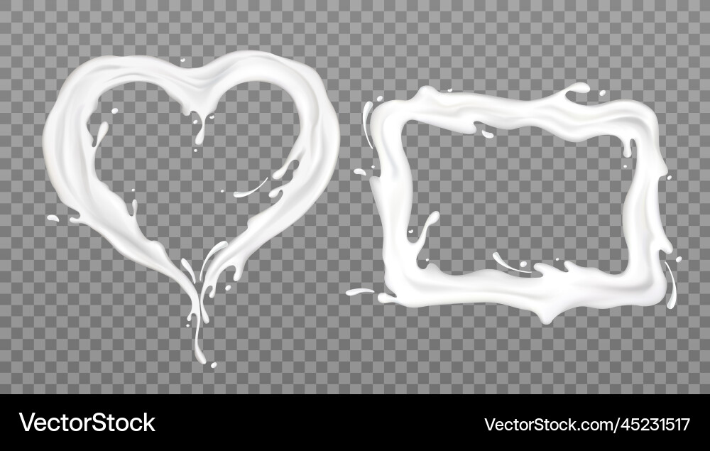Milk splash frames rectangle and heart shape set Vector Image