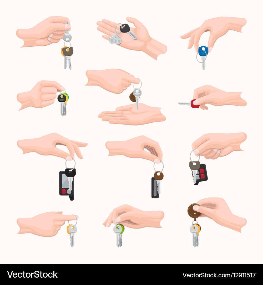 Set hands with keys different shape size design Vector Image