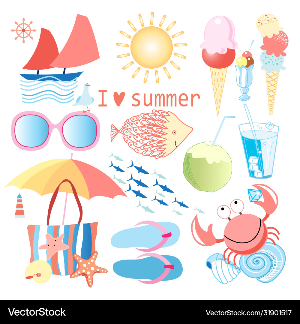 Summer set different objects Summer set different objects Vector Image