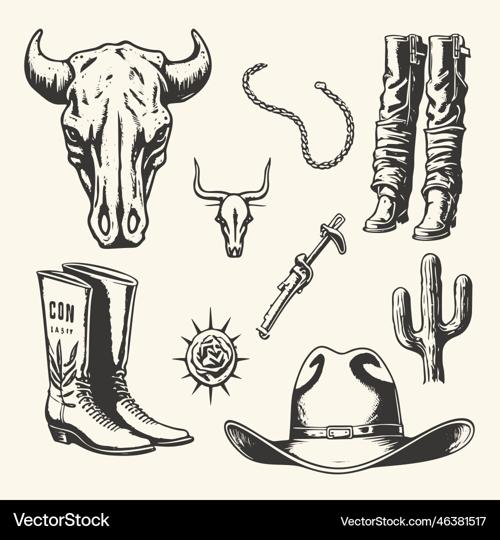 Vintage symbols of the wild west in a hand-drawn Vintage symbols of the wild west in a hand-drawn vector image