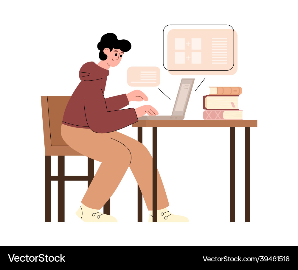 Man studying online using desktop computer flat Man studying online using desktop computer flat vector image