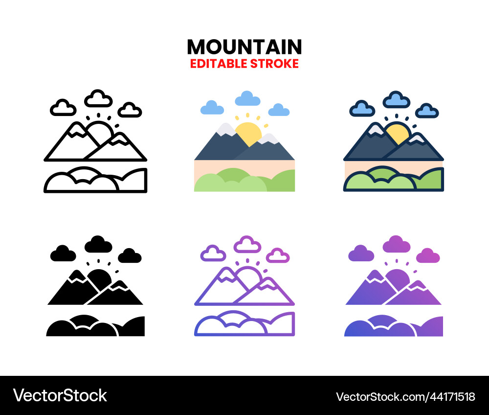 Mountain icon set with different styles vector image