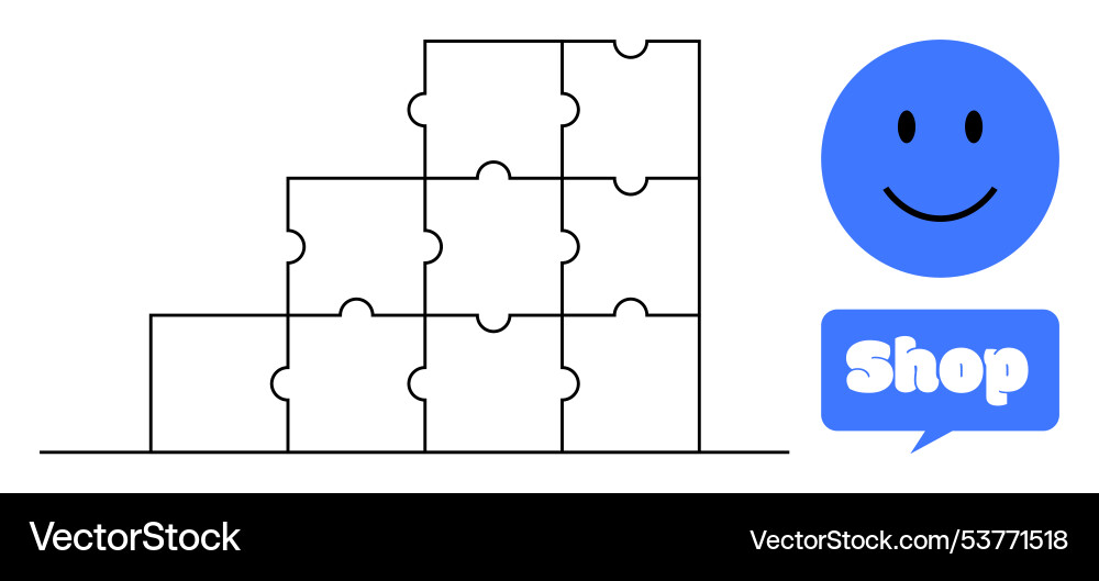 Smiling face with puzzle piece blocks and shop Smiling face with puzzle piece blocks and shop vector image