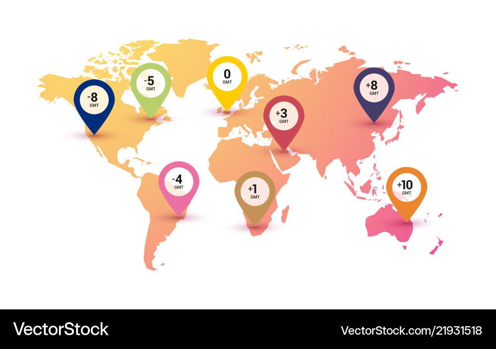 Time zones world map on color gradient background Time zones world map on color gradient background vector image