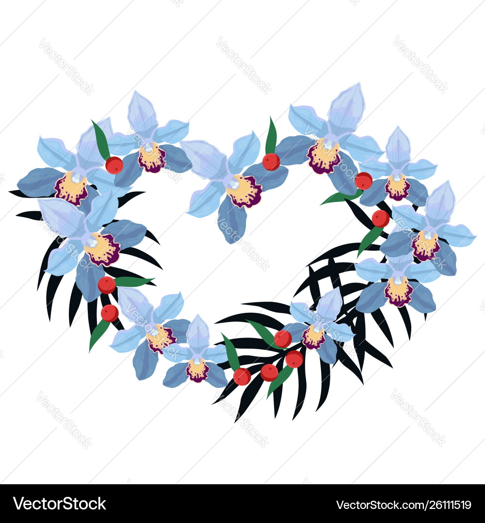 Frame in form a heart orchids and palm Frame in form a heart orchids and palm vector image