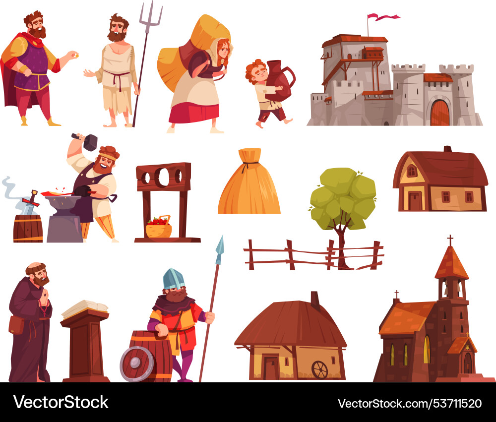 Collection of medieval elements and characters vector image