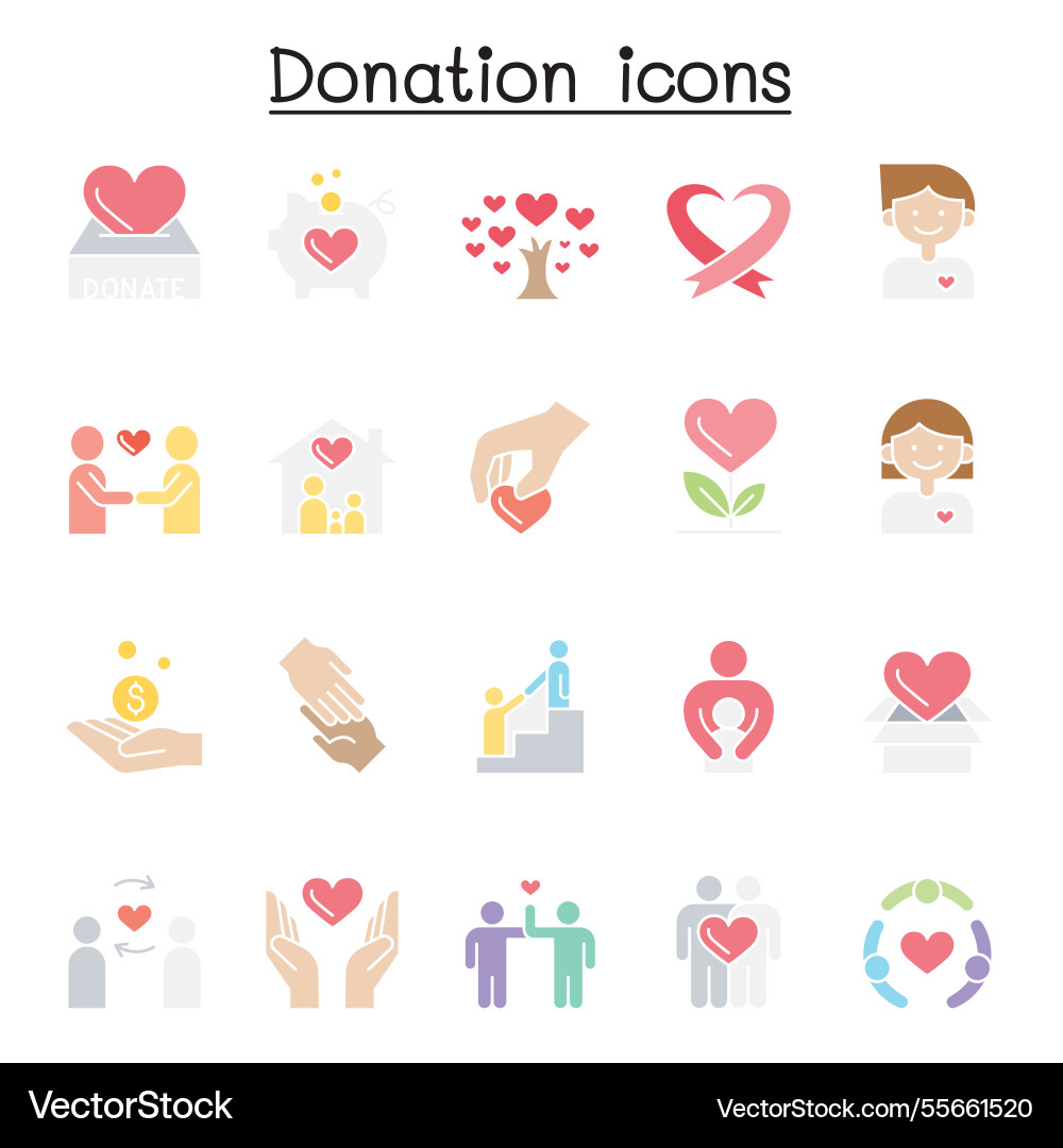 Donation and charity icon set in flat color style Donation and charity icon set in flat color style vector image