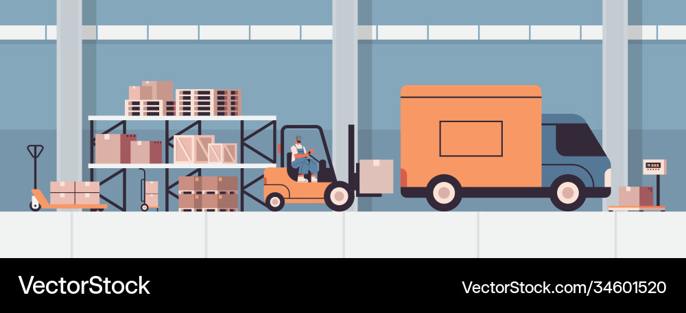 Forkplift driver loading cardboard boxes in van vector image