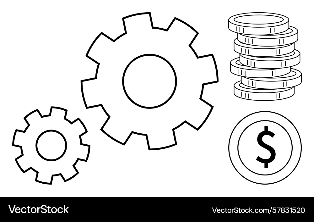 Gear mechanisms and coin stack representing Gear mechanisms and coin stack representing Vector Image