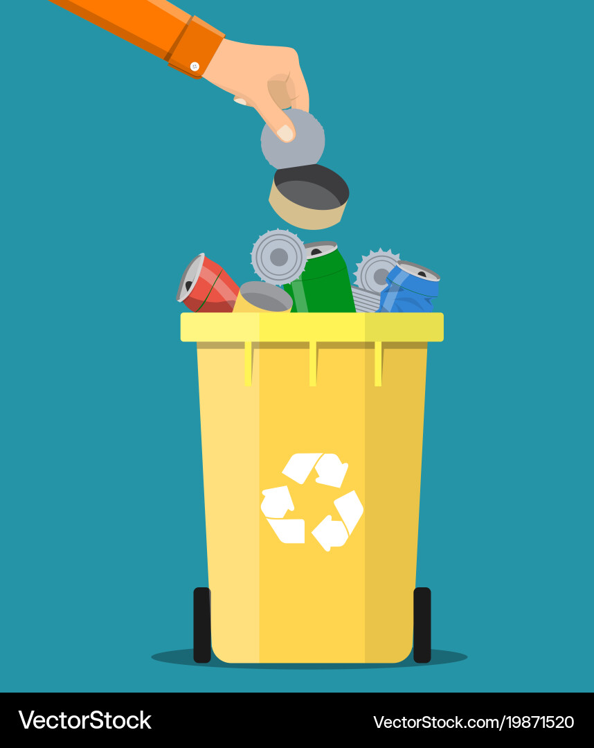 Man hand throws garbage into a metal container vector image